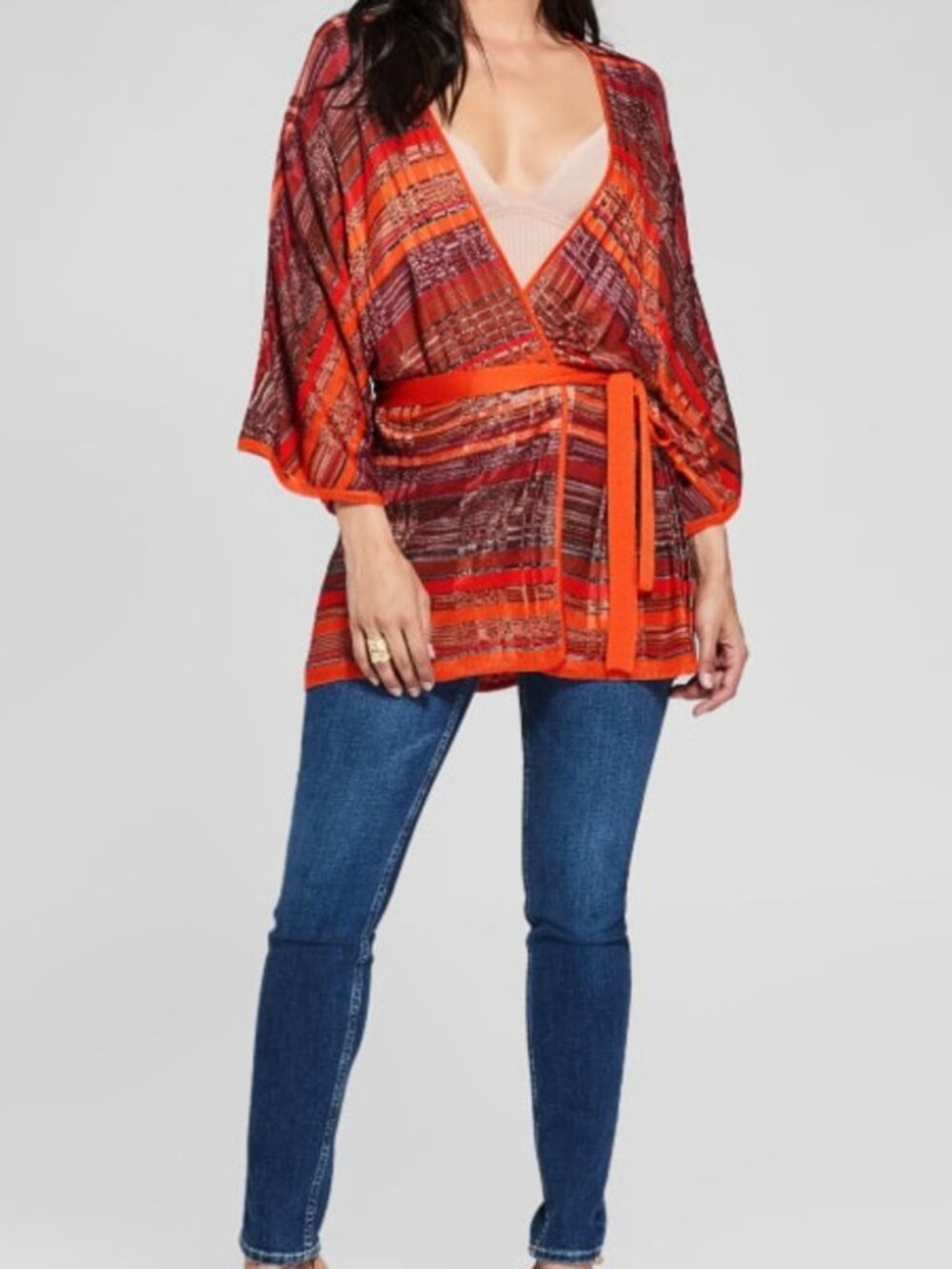 Marciano Women's Red Striped Knit Open Front Cardigan with Belt